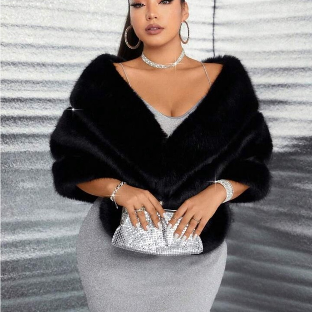 Black Faux Fur Wrap with Silver Dress